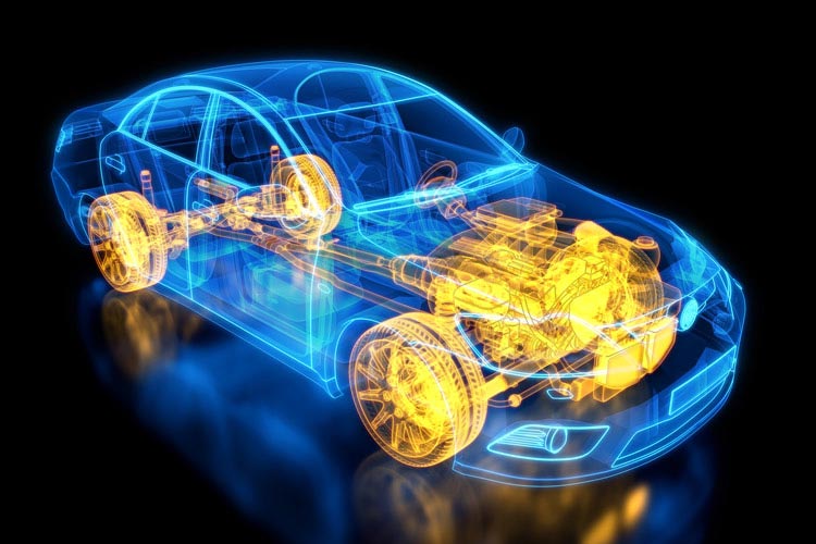 En animerad bil där man ser motorn